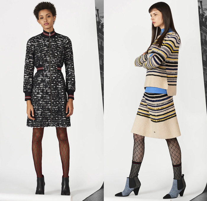 Sonia By Sonia Rykiel 2017 Pre Fall Autumn Womens Lookbook Presentation - Outerwear Coat Quilted Waffle Puffer Jacket Parka Rainwear Hood Velvet Fishnet Stockings Tights Knit Sweater Jumper Turtleneck Skirt Frock Abstract Art Doodles Spraypaint Lace Suede Check Gingham Windowpane Grid Stripes Cardigan Pantsuit Blazer Furry Plush Cutout Hem Bomberdress Long Back Card Suit Hearts Clubs Spade Diamonds Bib Asymmetrical Hem Ruffles Safety Pin Ankle Boots