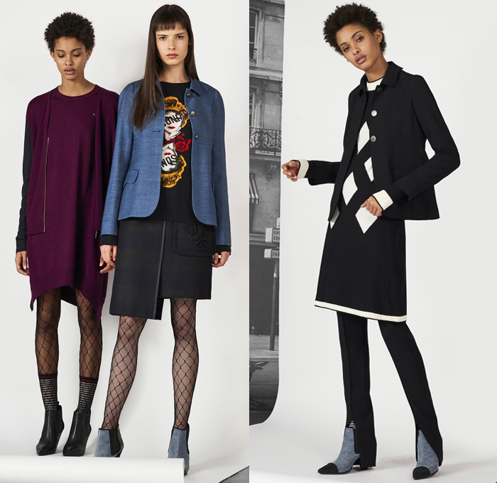 Sonia By Sonia Rykiel 2017 Pre Fall Autumn Womens Lookbook Presentation - Outerwear Coat Quilted Waffle Puffer Jacket Parka Rainwear Hood Velvet Fishnet Stockings Tights Knit Sweater Jumper Turtleneck Skirt Frock Abstract Art Doodles Spraypaint Lace Suede Check Gingham Windowpane Grid Stripes Cardigan Pantsuit Blazer Furry Plush Cutout Hem Bomberdress Long Back Card Suit Hearts Clubs Spade Diamonds Bib Asymmetrical Hem Ruffles Safety Pin Ankle Boots