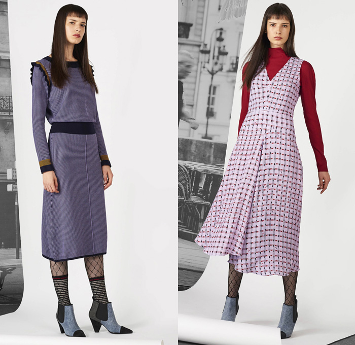 Sonia By Sonia Rykiel 2017 Pre Fall Autumn Womens Lookbook Presentation - Outerwear Coat Quilted Waffle Puffer Jacket Parka Rainwear Hood Velvet Fishnet Stockings Tights Knit Sweater Jumper Turtleneck Skirt Frock Abstract Art Doodles Spraypaint Lace Suede Check Gingham Windowpane Grid Stripes Cardigan Pantsuit Blazer Furry Plush Cutout Hem Bomberdress Long Back Card Suit Hearts Clubs Spade Diamonds Bib Asymmetrical Hem Ruffles Safety Pin Ankle Boots