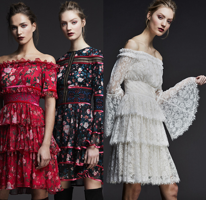 Tadashi Shoji 2017 Pre Fall Autumn Womens Lookbook Presentation - Modern Edwardian Cerulean Fuschia Roses Golden Wheat Birch Sheer Chiffon V-neck Maxi Dress Gown Eveningwear Bell Sleeves Tiered Blouson Chantilly Lace Embroidery A-line Ruffles Mesh Cutout Open Cold Shoulders High Low Hem Leg O'Mutton Sleeves Accordion Pleats Noodle Strap Boots Choker