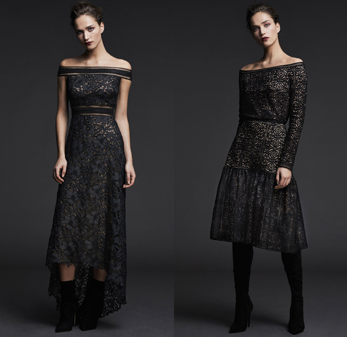 Tadashi Shoji 2017 Pre Fall Autumn Womens Lookbook Presentation - Modern Edwardian Cerulean Fuschia Roses Golden Wheat Birch Sheer Chiffon V-neck Maxi Dress Gown Eveningwear Bell Sleeves Tiered Blouson Chantilly Lace Embroidery A-line Ruffles Mesh Cutout Open Cold Shoulders High Low Hem Leg O'Mutton Sleeves Accordion Pleats Noodle Strap Boots Choker