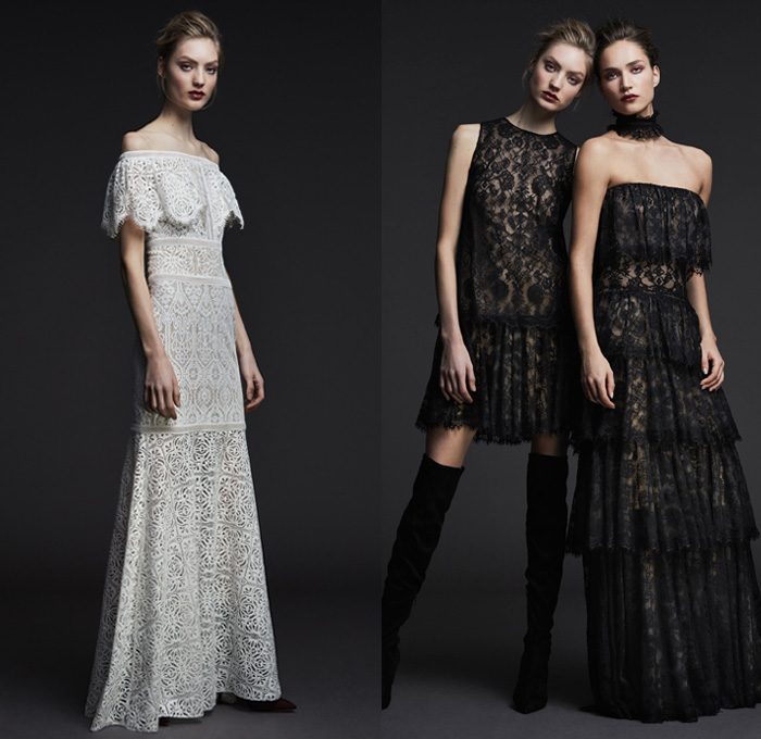 Tadashi Shoji 2017 Pre Fall Autumn Womens Lookbook Presentation - Modern Edwardian Cerulean Fuschia Roses Golden Wheat Birch Sheer Chiffon V-neck Maxi Dress Gown Eveningwear Bell Sleeves Tiered Blouson Chantilly Lace Embroidery A-line Ruffles Mesh Cutout Open Cold Shoulders High Low Hem Leg O'Mutton Sleeves Accordion Pleats Noodle Strap Boots Choker