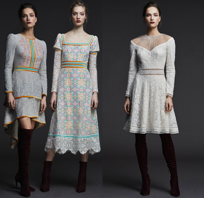 Tadashi Shoji 2017 Pre Fall Autumn Womens Lookbook Presentation - Modern Edwardian Cerulean Fuschia Roses Golden Wheat Birch Sheer Chiffon V-neck Maxi Dress Gown Eveningwear Bell Sleeves Tiered Blouson Chantilly Lace Embroidery A-line Ruffles Mesh Cutout Open Cold Shoulders High Low Hem Leg O'Mutton Sleeves Accordion Pleats Noodle Strap Boots Choker