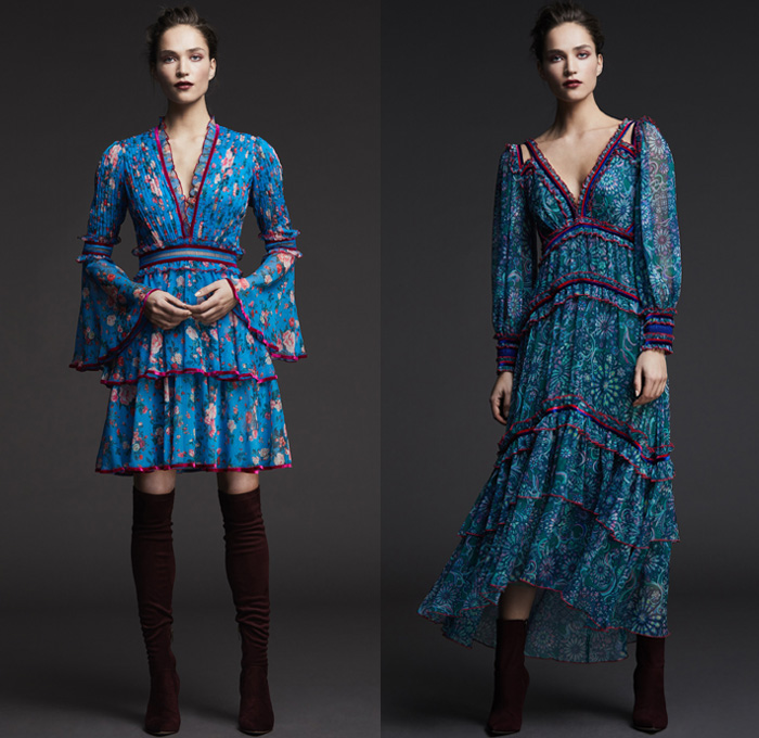 Tadashi Shoji 2017 Pre Fall Autumn Womens Lookbook Presentation - Modern Edwardian Cerulean Fuschia Roses Golden Wheat Birch Sheer Chiffon V-neck Maxi Dress Gown Eveningwear Bell Sleeves Tiered Blouson Chantilly Lace Embroidery A-line Ruffles Mesh Cutout Open Cold Shoulders High Low Hem Leg O'Mutton Sleeves Accordion Pleats Noodle Strap Boots Choker