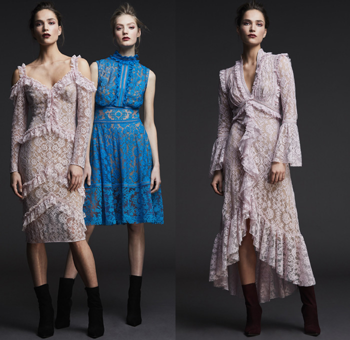 Tadashi Shoji 2017 Pre Fall Autumn Womens Lookbook Presentation - Modern Edwardian Cerulean Fuschia Roses Golden Wheat Birch Sheer Chiffon V-neck Maxi Dress Gown Eveningwear Bell Sleeves Tiered Blouson Chantilly Lace Embroidery A-line Ruffles Mesh Cutout Open Cold Shoulders High Low Hem Leg O'Mutton Sleeves Accordion Pleats Noodle Strap Boots Choker