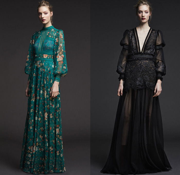 Tadashi Shoji 2017 Pre Fall Autumn Womens Lookbook Presentation - Modern Edwardian Cerulean Fuschia Roses Golden Wheat Birch Sheer Chiffon V-neck Maxi Dress Gown Eveningwear Bell Sleeves Tiered Blouson Chantilly Lace Embroidery A-line Ruffles Mesh Cutout Open Cold Shoulders High Low Hem Leg O'Mutton Sleeves Accordion Pleats Noodle Strap Boots Choker