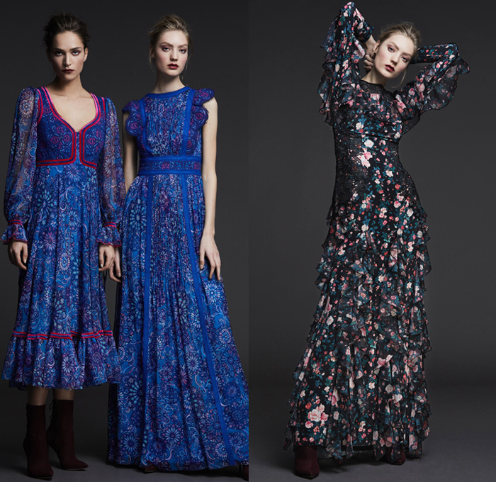 Tadashi Shoji 2017 Pre Fall Autumn Womens Lookbook Presentation - Modern Edwardian Cerulean Fuschia Roses Golden Wheat Birch Sheer Chiffon V-neck Maxi Dress Gown Eveningwear Bell Sleeves Tiered Blouson Chantilly Lace Embroidery A-line Ruffles Mesh Cutout Open Cold Shoulders High Low Hem Leg O'Mutton Sleeves Accordion Pleats Noodle Strap Boots Choker