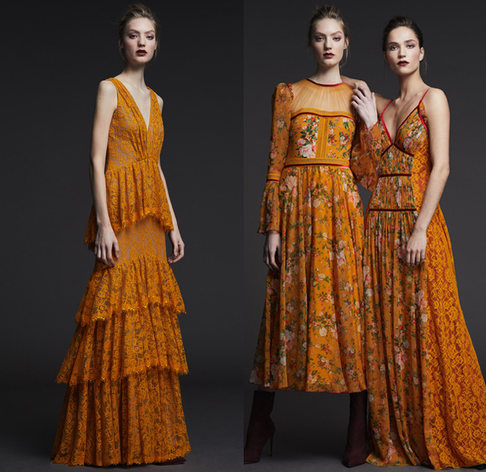 Tadashi Shoji 2017 Pre Fall Autumn Womens Lookbook Presentation - Modern Edwardian Cerulean Fuschia Roses Golden Wheat Birch Sheer Chiffon V-neck Maxi Dress Gown Eveningwear Bell Sleeves Tiered Blouson Chantilly Lace Embroidery A-line Ruffles Mesh Cutout Open Cold Shoulders High Low Hem Leg O'Mutton Sleeves Accordion Pleats Noodle Strap Boots Choker