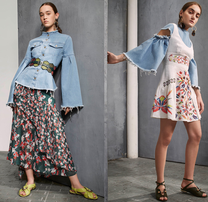 Tanya Taylor 2017 Pre Fall Autumn Womens Lookbook Presentation - Watercolor Flowers Floral Wide Bell Sleeves Ruffles Skirt Frock Asymmetrical Hem Embroidery Ornamental Decorative Art Pixelated Stripes Wide Leg Trousers Palazzo Pants Blouse Peel Away Lace Leather Outerwear Field Jacket Cargo Pockets Silk Satin Knit Crochet Weave Sleeveless Vest Birds Peplum Cutout Shoulders Maxi Dress One Shoulder Noodle Strap Denim Jeans Frayed Raw Hem Ripped Flare Earrings Sandals