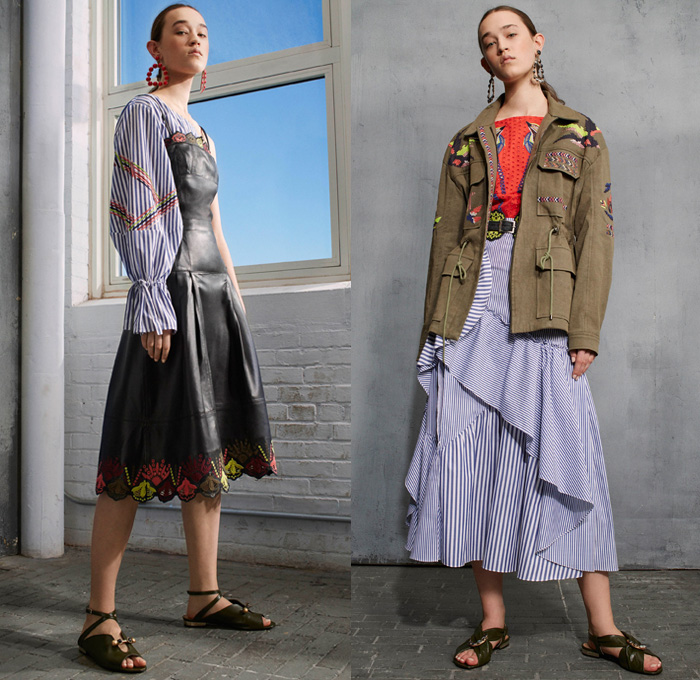 Tanya Taylor 2017 Pre Fall Autumn Womens Lookbook Presentation - Watercolor Flowers Floral Wide Bell Sleeves Ruffles Skirt Frock Asymmetrical Hem Embroidery Ornamental Decorative Art Pixelated Stripes Wide Leg Trousers Palazzo Pants Blouse Peel Away Lace Leather Outerwear Field Jacket Cargo Pockets Silk Satin Knit Crochet Weave Sleeveless Vest Birds Peplum Cutout Shoulders Maxi Dress One Shoulder Noodle Strap Denim Jeans Frayed Raw Hem Ripped Flare Earrings Sandals