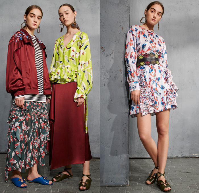 Tanya Taylor 2017 Pre Fall Autumn Womens Lookbook Presentation - Watercolor Flowers Floral Wide Bell Sleeves Ruffles Skirt Frock Asymmetrical Hem Embroidery Ornamental Decorative Art Pixelated Stripes Wide Leg Trousers Palazzo Pants Blouse Peel Away Lace Leather Outerwear Field Jacket Cargo Pockets Silk Satin Knit Crochet Weave Sleeveless Vest Birds Peplum Cutout Shoulders Maxi Dress One Shoulder Noodle Strap Denim Jeans Frayed Raw Hem Ripped Flare Earrings Sandals