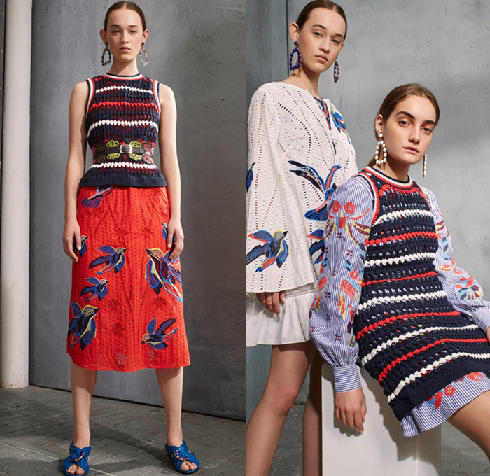 Tanya Taylor 2017 Pre Fall Autumn Womens Lookbook Presentation - Watercolor Flowers Floral Wide Bell Sleeves Ruffles Skirt Frock Asymmetrical Hem Embroidery Ornamental Decorative Art Pixelated Stripes Wide Leg Trousers Palazzo Pants Blouse Peel Away Lace Leather Outerwear Field Jacket Cargo Pockets Silk Satin Knit Crochet Weave Sleeveless Vest Birds Peplum Cutout Shoulders Maxi Dress One Shoulder Noodle Strap Denim Jeans Frayed Raw Hem Ripped Flare Earrings Sandals