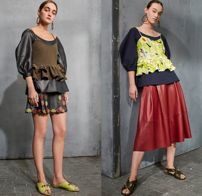 Tanya Taylor 2017 Pre Fall Autumn Womens Lookbook Presentation - Watercolor Flowers Floral Wide Bell Sleeves Ruffles Skirt Frock Asymmetrical Hem Embroidery Ornamental Decorative Art Pixelated Stripes Wide Leg Trousers Palazzo Pants Blouse Peel Away Lace Leather Outerwear Field Jacket Cargo Pockets Silk Satin Knit Crochet Weave Sleeveless Vest Birds Peplum Cutout Shoulders Maxi Dress One Shoulder Noodle Strap Denim Jeans Frayed Raw Hem Ripped Flare Earrings Sandals