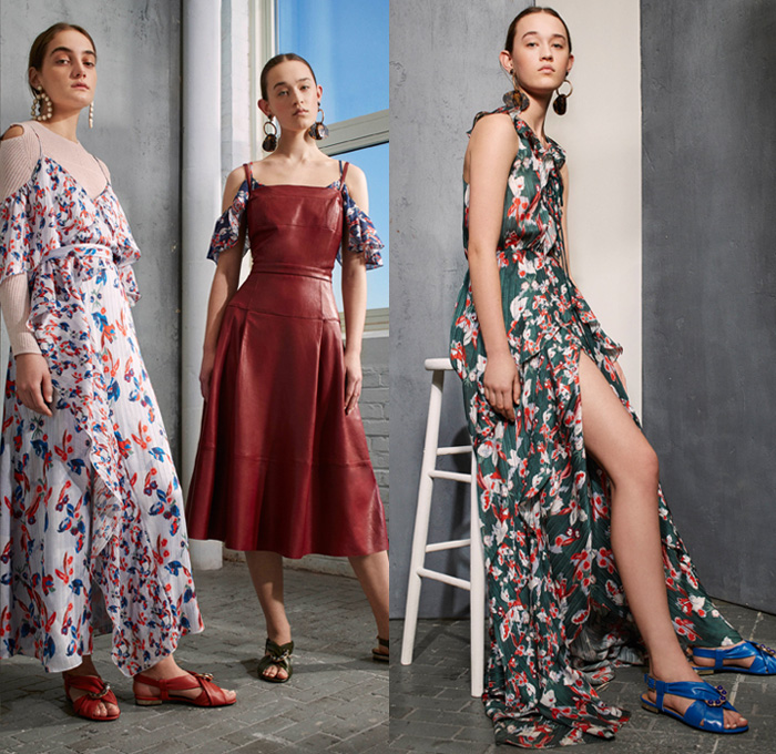 Tanya Taylor 2017 Pre Fall Autumn Womens Lookbook Presentation - Watercolor Flowers Floral Wide Bell Sleeves Ruffles Skirt Frock Asymmetrical Hem Embroidery Ornamental Decorative Art Pixelated Stripes Wide Leg Trousers Palazzo Pants Blouse Peel Away Lace Leather Outerwear Field Jacket Cargo Pockets Silk Satin Knit Crochet Weave Sleeveless Vest Birds Peplum Cutout Shoulders Maxi Dress One Shoulder Noodle Strap Denim Jeans Frayed Raw Hem Ripped Flare Earrings Sandals