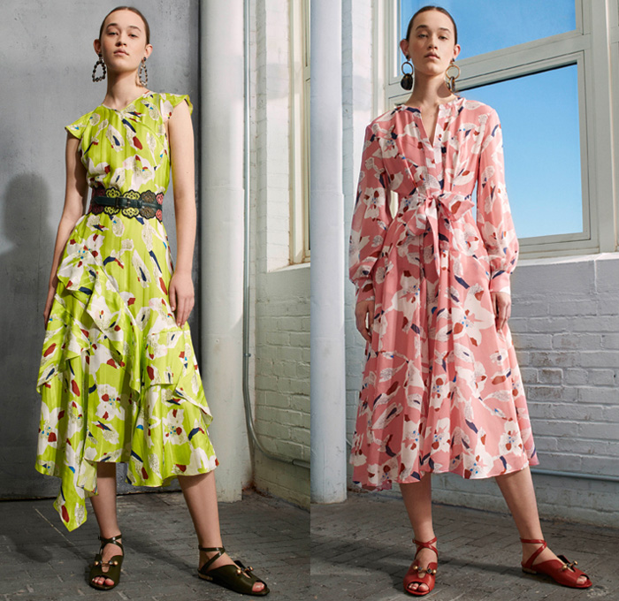 Tanya Taylor 2017 Pre Fall Autumn Womens Lookbook Presentation - Watercolor Flowers Floral Wide Bell Sleeves Ruffles Skirt Frock Asymmetrical Hem Embroidery Ornamental Decorative Art Pixelated Stripes Wide Leg Trousers Palazzo Pants Blouse Peel Away Lace Leather Outerwear Field Jacket Cargo Pockets Silk Satin Knit Crochet Weave Sleeveless Vest Birds Peplum Cutout Shoulders Maxi Dress One Shoulder Noodle Strap Denim Jeans Frayed Raw Hem Ripped Flare Earrings Sandals