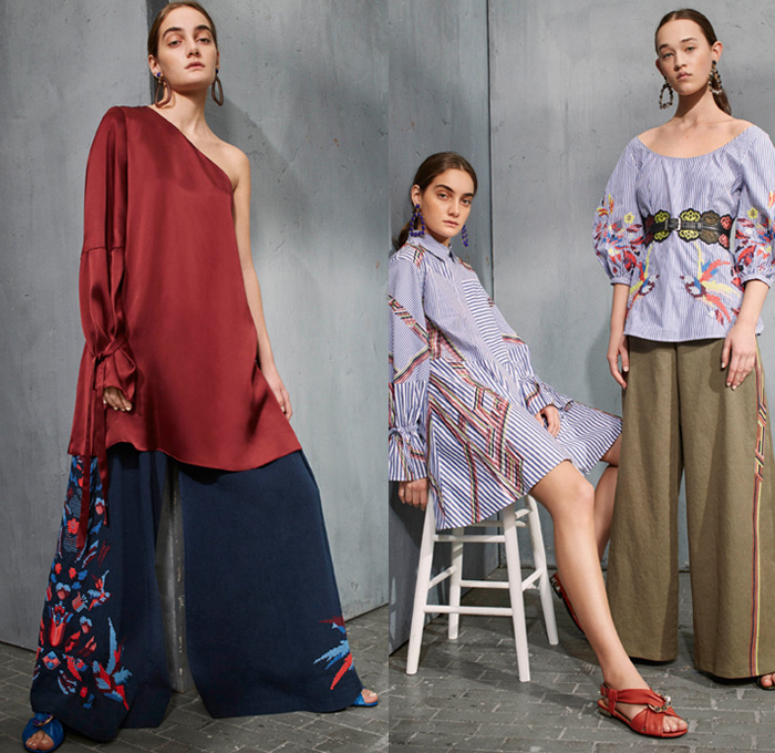 Tanya Taylor 2017 Pre Fall Autumn Womens Lookbook Presentation - Watercolor Flowers Floral Wide Bell Sleeves Ruffles Skirt Frock Asymmetrical Hem Embroidery Ornamental Decorative Art Pixelated Stripes Wide Leg Trousers Palazzo Pants Blouse Peel Away Lace Leather Outerwear Field Jacket Cargo Pockets Silk Satin Knit Crochet Weave Sleeveless Vest Birds Peplum Cutout Shoulders Maxi Dress One Shoulder Noodle Strap Denim Jeans Frayed Raw Hem Ripped Flare Earrings Sandals