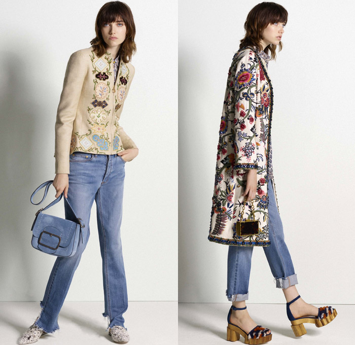 Tory Burch 2017 Pre Fall Autumn Womens Lookbook Presentation - Mid-Century Milan India Gabriella Crespi Gypsy Hippie Bohemian Boho Chic Linen Goat Fur Carved Wood Outerwear Coatdress Jacket Ornamental Decorative Art Embroidery Leaves Foliage Flowers Floral Vines Bedazzled Jewels Skirt Frock Leather Plastic Drawstring Tunic Blouse Mix Match Rain Coat Plastic Stripes Lace Shirtdress Maxi Dress Mesh Ruffles Crossbody Suede Mini Handbag Purse Frayed Raw Hem Denim Jeans