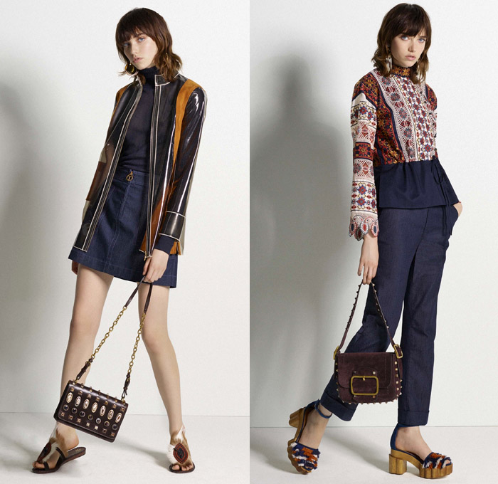 Tory Burch 2017 Pre Fall Autumn Womens Lookbook Presentation - Mid-Century Milan India Gabriella Crespi Gypsy Hippie Bohemian Boho Chic Linen Goat Fur Carved Wood Outerwear Coatdress Jacket Ornamental Decorative Art Embroidery Leaves Foliage Flowers Floral Vines Bedazzled Jewels Skirt Frock Leather Plastic Drawstring Tunic Blouse Mix Match Rain Coat Plastic Stripes Lace Shirtdress Maxi Dress Mesh Ruffles Crossbody Suede Mini Handbag Purse Frayed Raw Hem Denim Jeans