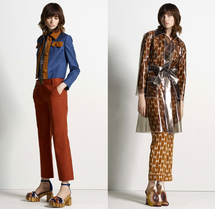 Tory Burch 2017 Pre Fall Autumn Womens Lookbook Presentation - Mid-Century Milan India Gabriella Crespi Gypsy Hippie Bohemian Boho Chic Linen Goat Fur Carved Wood Outerwear Coatdress Jacket Ornamental Decorative Art Embroidery Leaves Foliage Flowers Floral Vines Bedazzled Jewels Skirt Frock Leather Plastic Drawstring Tunic Blouse Mix Match Rain Coat Plastic Stripes Lace Shirtdress Maxi Dress Mesh Ruffles Crossbody Suede Mini Handbag Purse Frayed Raw Hem Denim Jeans