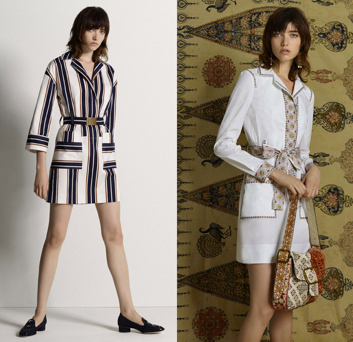 Tory Burch 2017 Pre Fall Autumn Womens Lookbook Presentation - Mid-Century Milan India Gabriella Crespi Gypsy Hippie Bohemian Boho Chic Linen Goat Fur Carved Wood Outerwear Coatdress Jacket Ornamental Decorative Art Embroidery Leaves Foliage Flowers Floral Vines Bedazzled Jewels Skirt Frock Leather Plastic Drawstring Tunic Blouse Mix Match Rain Coat Plastic Stripes Lace Shirtdress Maxi Dress Mesh Ruffles Crossbody Suede Mini Handbag Purse Frayed Raw Hem Denim Jeans