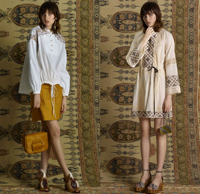 Tory Burch 2017 Pre Fall Autumn Womens Lookbook Presentation - Mid-Century Milan India Gabriella Crespi Gypsy Hippie Bohemian Boho Chic Linen Goat Fur Carved Wood Outerwear Coatdress Jacket Ornamental Decorative Art Embroidery Leaves Foliage Flowers Floral Vines Bedazzled Jewels Skirt Frock Leather Plastic Drawstring Tunic Blouse Mix Match Rain Coat Plastic Stripes Lace Shirtdress Maxi Dress Mesh Ruffles Crossbody Suede Mini Handbag Purse Frayed Raw Hem Denim Jeans