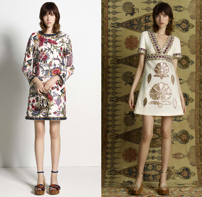 Tory Burch 2017 Pre Fall Autumn Womens Lookbook Presentation - Mid-Century Milan India Gabriella Crespi Gypsy Hippie Bohemian Boho Chic Linen Goat Fur Carved Wood Outerwear Coatdress Jacket Ornamental Decorative Art Embroidery Leaves Foliage Flowers Floral Vines Bedazzled Jewels Skirt Frock Leather Plastic Drawstring Tunic Blouse Mix Match Rain Coat Plastic Stripes Lace Shirtdress Maxi Dress Mesh Ruffles Crossbody Suede Mini Handbag Purse Frayed Raw Hem Denim Jeans