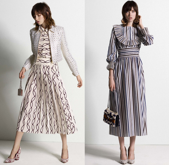 Tory Burch 2017 Pre Fall Autumn Womens Lookbook Presentation - Mid-Century Milan India Gabriella Crespi Gypsy Hippie Bohemian Boho Chic Linen Goat Fur Carved Wood Outerwear Coatdress Jacket Ornamental Decorative Art Embroidery Leaves Foliage Flowers Floral Vines Bedazzled Jewels Skirt Frock Leather Plastic Drawstring Tunic Blouse Mix Match Rain Coat Plastic Stripes Lace Shirtdress Maxi Dress Mesh Ruffles Crossbody Suede Mini Handbag Purse Frayed Raw Hem Denim Jeans