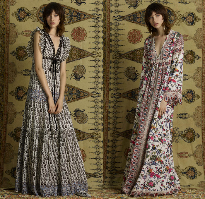 Tory Burch 2017 Pre Fall Autumn Womens Lookbook Presentation - Mid-Century Milan India Gabriella Crespi Gypsy Hippie Bohemian Boho Chic Linen Goat Fur Carved Wood Outerwear Coatdress Jacket Ornamental Decorative Art Embroidery Leaves Foliage Flowers Floral Vines Bedazzled Jewels Skirt Frock Leather Plastic Drawstring Tunic Blouse Mix Match Rain Coat Plastic Stripes Lace Shirtdress Maxi Dress Mesh Ruffles Crossbody Suede Mini Handbag Purse Frayed Raw Hem Denim Jeans