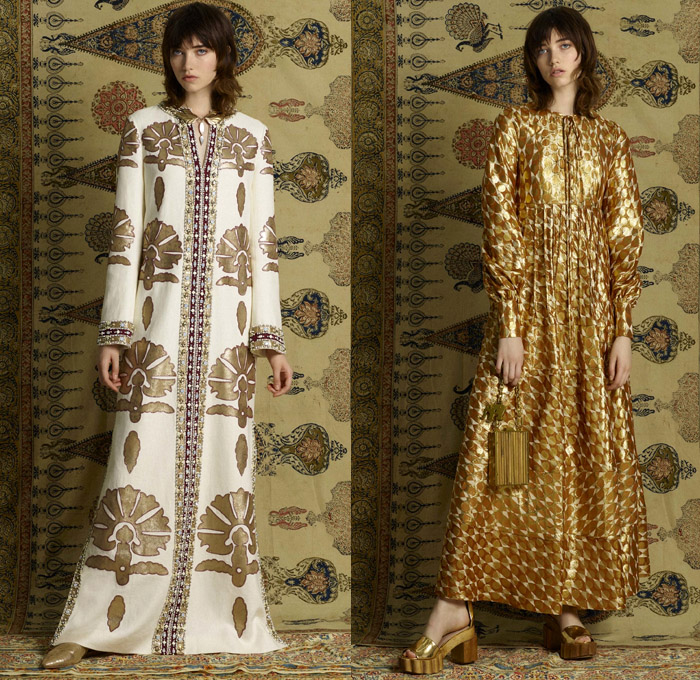 Tory Burch 2017 Pre Fall Autumn Womens Lookbook Presentation - Mid-Century Milan India Gabriella Crespi Gypsy Hippie Bohemian Boho Chic Linen Goat Fur Carved Wood Outerwear Coatdress Jacket Ornamental Decorative Art Embroidery Leaves Foliage Flowers Floral Vines Bedazzled Jewels Skirt Frock Leather Plastic Drawstring Tunic Blouse Mix Match Rain Coat Plastic Stripes Lace Shirtdress Maxi Dress Mesh Ruffles Crossbody Suede Mini Handbag Purse Frayed Raw Hem Denim Jeans