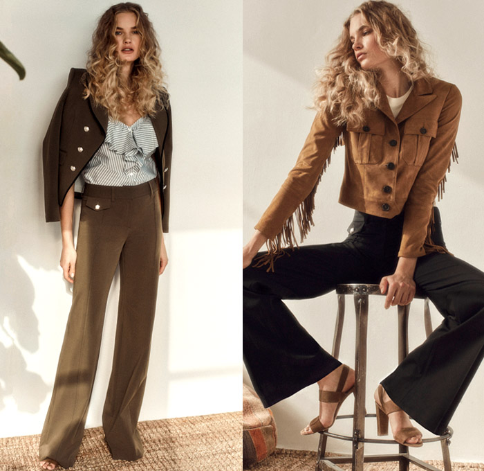 Veronica Beard 2017 Pre Fall Autumn Womens Lookbook Presentation - Outerwear Blazer Jacket Ruffles Pinstripe Pantsuit Blouse Bootcut Bootleg Flare Fringes Suede Cargo Pockets Nautical Sailor Pants Culottes Cropped Pants Waistcoat Sleeveless Trenchvest Knit Stripes Sweater Shirtdress Cinch Lace Up Cross Stitch Pencil Skirt Strapless Lace Shorts Sheer Chiffon Ornamental Print Decorative Art Maxi Dress Gladiator Heels Strap