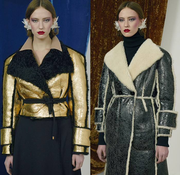 Véronique Leroy 2017 Pre Fall Autumn Womens Lookbook Presentation - Outerwear Coat Fur Plush Shearling Sheepskin Wide Lapel Tie Up Waist Leather Turtleneck Chunky Knit Sweater Jumper Crochet Basketweave Silver Gold Wide Leg Trousers Palazzo Pants Cord Rope Skirt Frock Zipper Boots Fringes Plaid Tartan Check Earrings Blouse