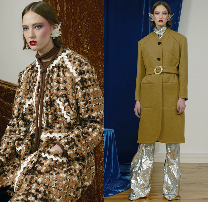 Véronique Leroy 2017 Pre Fall Autumn Womens Lookbook Presentation - Outerwear Coat Fur Plush Shearling Sheepskin Wide Lapel Tie Up Waist Leather Turtleneck Chunky Knit Sweater Jumper Crochet Basketweave Silver Gold Wide Leg Trousers Palazzo Pants Cord Rope Skirt Frock Zipper Boots Fringes Plaid Tartan Check Earrings Blouse