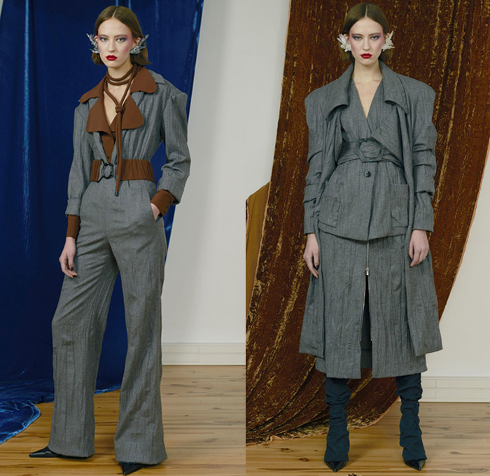 Véronique Leroy 2017 Pre Fall Autumn Womens Lookbook Presentation - Outerwear Coat Fur Plush Shearling Sheepskin Wide Lapel Tie Up Waist Leather Turtleneck Chunky Knit Sweater Jumper Crochet Basketweave Silver Gold Wide Leg Trousers Palazzo Pants Cord Rope Skirt Frock Zipper Boots Fringes Plaid Tartan Check Earrings Blouse