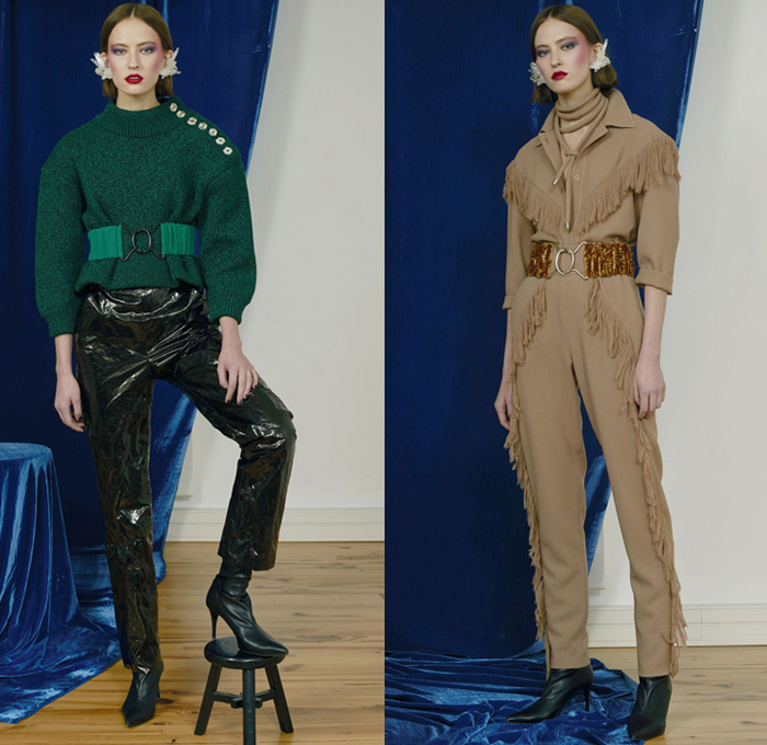 Véronique Leroy 2017 Pre Fall Autumn Womens Lookbook Presentation - Outerwear Coat Fur Plush Shearling Sheepskin Wide Lapel Tie Up Waist Leather Turtleneck Chunky Knit Sweater Jumper Crochet Basketweave Silver Gold Wide Leg Trousers Palazzo Pants Cord Rope Skirt Frock Zipper Boots Fringes Plaid Tartan Check Earrings Blouse