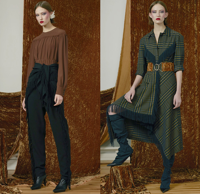 Véronique Leroy 2017 Pre Fall Autumn Womens Lookbook Presentation - Outerwear Coat Fur Plush Shearling Sheepskin Wide Lapel Tie Up Waist Leather Turtleneck Chunky Knit Sweater Jumper Crochet Basketweave Silver Gold Wide Leg Trousers Palazzo Pants Cord Rope Skirt Frock Zipper Boots Fringes Plaid Tartan Check Earrings Blouse