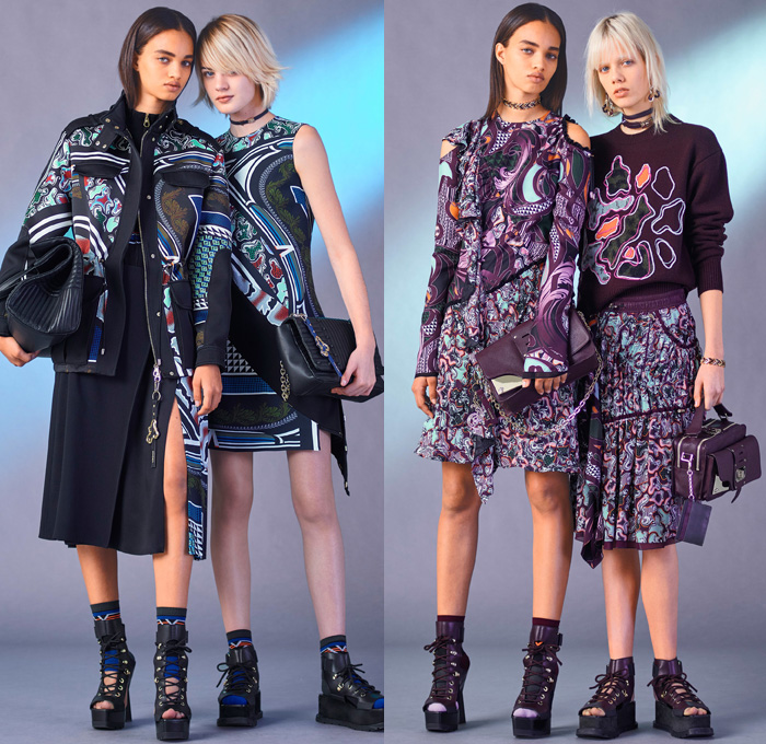 Versace 2017 Pre Fall Autumn Womens Lookbook Presentation - Baroque Swirls Camouflage Sporty Outerwear Plush Trench Coat Parka Anorak Cinch Drawstring Poncho Cloak Hanging Sleeve Quilted Waffle Pants Trousers High Slit Miniskirt Nylon Cargo Pockets Motorcycle Biker Leather Decorative Art Embroidery Bedazzled Dress Cutout Shoulders Sweater Jumper Lace Needlework Blouse Sheer Chiffon Tulle Pantsuit Blazer Gown Eveningwear Ruffles Onesie Jumpsuit Coveralls Playsuit Backpack Bag Knee High Lace Up Boots Zipper Hem Clutch Purse Tote Furry Sandals