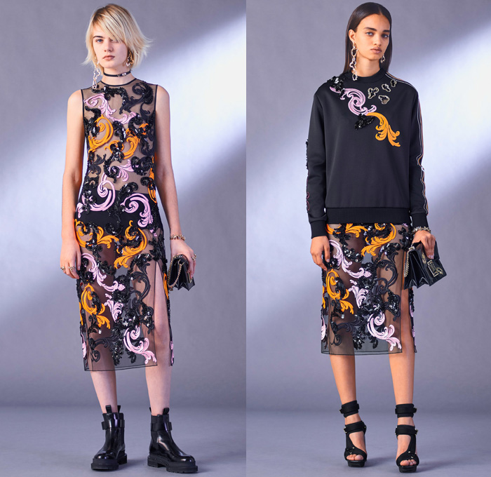 Versace 2017 Pre Fall Autumn Womens Lookbook Presentation - Baroque Swirls Camouflage Sporty Outerwear Plush Trench Coat Parka Anorak Cinch Drawstring Poncho Cloak Hanging Sleeve Quilted Waffle Pants Trousers High Slit Miniskirt Nylon Cargo Pockets Motorcycle Biker Leather Decorative Art Embroidery Bedazzled Dress Cutout Shoulders Sweater Jumper Lace Needlework Blouse Sheer Chiffon Tulle Pantsuit Blazer Gown Eveningwear Ruffles Onesie Jumpsuit Coveralls Playsuit Backpack Bag Knee High Lace Up Boots Zipper Hem Clutch Purse Tote Furry Sandals