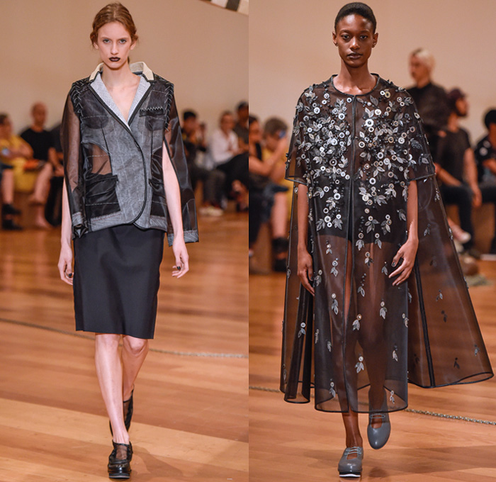 Fernanda Yamamoto 2017 Winter Womens Runway Catwalk Looks - Temporada Inverno 2017 São Paulo Fashion Week Trans N42 Brazil Brasil Southern Hemisphere Moda Desfiles - Oversized Outerwear Coatdress Embroidery Adorned Bedazzled Dress Skirt Frock Silk Leaves Foliage Pattern Mesh Knitwear Layers Tiered Sheer Chiffon Tulle Leather Alligator Crocodile Blazer Jacket Structured Threads Stitch Cage Crinoline Petticoat Wide Leg Trousers Palazzo Pants Asymmetrical One Shoulder