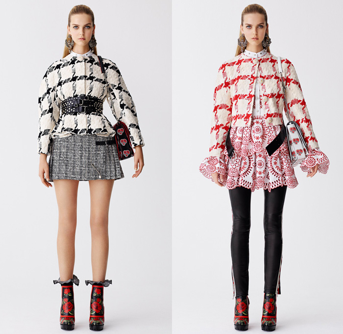 Alexander McQueen 2017 Resort Cruise Pre-Spring Womens Lookbook Presentation - Hand-Painted Hand Loom Engineered Floral Flowers Tablecloth Exploded Patchwork Leather Carnations Yellow Roses Peonies Poppies Broderie Anglaise Sequins Beads Caravan Embroidery Tweed Boots Skirt Frock Miniskirt Belted Waist Bedazzled Metallic Studs Sequins Knitwear Outerwear Jacket Coatdress Cloak Hanging Sleeve Dress Sheer Chiffon Lace Motorcycle Biker Jacket Wide Belt Tiered Handbag