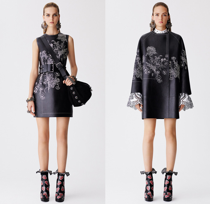 Alexander McQueen 2017 Resort Cruise Pre-Spring Womens Lookbook Presentation - Hand-Painted Hand Loom Engineered Floral Flowers Tablecloth Exploded Patchwork Leather Carnations Yellow Roses Peonies Poppies Broderie Anglaise Sequins Beads Caravan Embroidery Tweed Boots Skirt Frock Miniskirt Belted Waist Bedazzled Metallic Studs Sequins Knitwear Outerwear Jacket Coatdress Cloak Hanging Sleeve Dress Sheer Chiffon Lace Motorcycle Biker Jacket Wide Belt Tiered Handbag