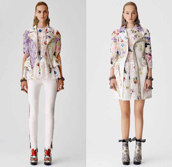 Alexander McQueen 2017 Resort Cruise Pre-Spring Womens Lookbook Presentation - Hand-Painted Hand Loom Engineered Floral Flowers Tablecloth Exploded Patchwork Leather Carnations Yellow Roses Peonies Poppies Broderie Anglaise Sequins Beads Caravan Embroidery Tweed Boots Skirt Frock Miniskirt Belted Waist Bedazzled Metallic Studs Sequins Knitwear Outerwear Jacket Coatdress Cloak Hanging Sleeve Dress Sheer Chiffon Lace Motorcycle Biker Jacket Wide Belt Tiered Handbag