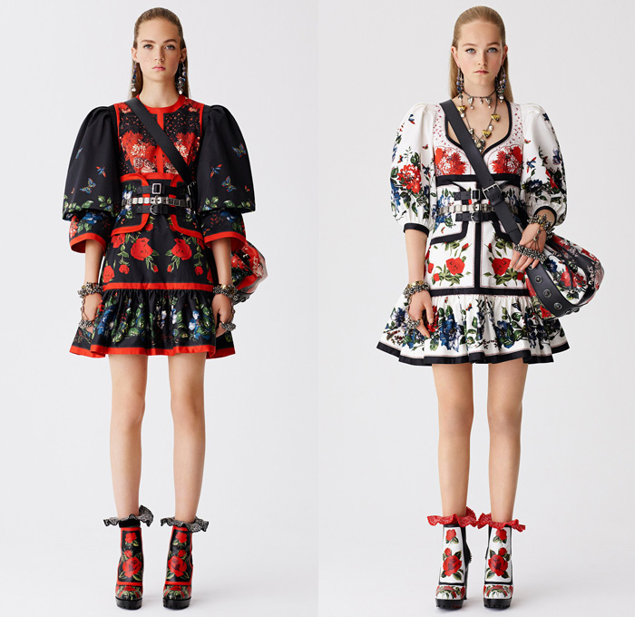 Alexander McQueen 2017 Resort Cruise Pre-Spring Womens Lookbook Presentation - Hand-Painted Hand Loom Engineered Floral Flowers Tablecloth Exploded Patchwork Leather Carnations Yellow Roses Peonies Poppies Broderie Anglaise Sequins Beads Caravan Embroidery Tweed Boots Skirt Frock Miniskirt Belted Waist Bedazzled Metallic Studs Sequins Knitwear Outerwear Jacket Coatdress Cloak Hanging Sleeve Dress Sheer Chiffon Lace Motorcycle Biker Jacket Wide Belt Tiered Handbag