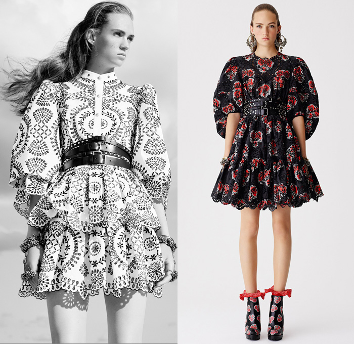 Alexander McQueen 2017 Resort Cruise Pre-Spring Womens Lookbook Presentation - Hand-Painted Hand Loom Engineered Floral Flowers Tablecloth Exploded Patchwork Leather Carnations Yellow Roses Peonies Poppies Broderie Anglaise Sequins Beads Caravan Embroidery Tweed Boots Skirt Frock Miniskirt Belted Waist Bedazzled Metallic Studs Sequins Knitwear Outerwear Jacket Coatdress Cloak Hanging Sleeve Dress Sheer Chiffon Lace Motorcycle Biker Jacket Wide Belt Tiered Handbag