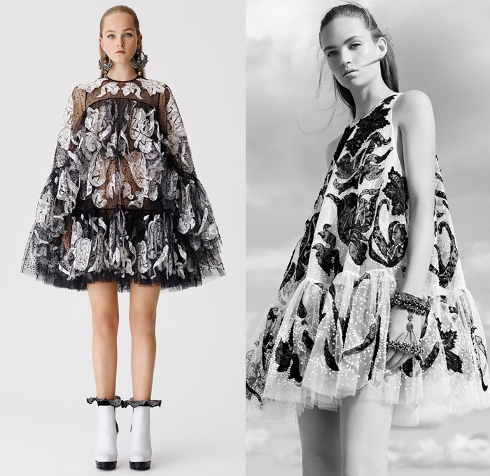 Alexander McQueen 2017 Resort Cruise Pre-Spring Womens Lookbook Presentation - Hand-Painted Hand Loom Engineered Floral Flowers Tablecloth Exploded Patchwork Leather Carnations Yellow Roses Peonies Poppies Broderie Anglaise Sequins Beads Caravan Embroidery Tweed Boots Skirt Frock Miniskirt Belted Waist Bedazzled Metallic Studs Sequins Knitwear Outerwear Jacket Coatdress Cloak Hanging Sleeve Dress Sheer Chiffon Lace Motorcycle Biker Jacket Wide Belt Tiered Handbag