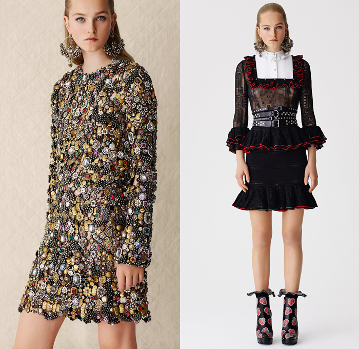 Alexander McQueen 2017 Resort Cruise Pre-Spring Womens Lookbook Presentation - Hand-Painted Hand Loom Engineered Floral Flowers Tablecloth Exploded Patchwork Leather Carnations Yellow Roses Peonies Poppies Broderie Anglaise Sequins Beads Caravan Embroidery Tweed Boots Skirt Frock Miniskirt Belted Waist Bedazzled Metallic Studs Sequins Knitwear Outerwear Jacket Coatdress Cloak Hanging Sleeve Dress Sheer Chiffon Lace Motorcycle Biker Jacket Wide Belt Tiered Handbag