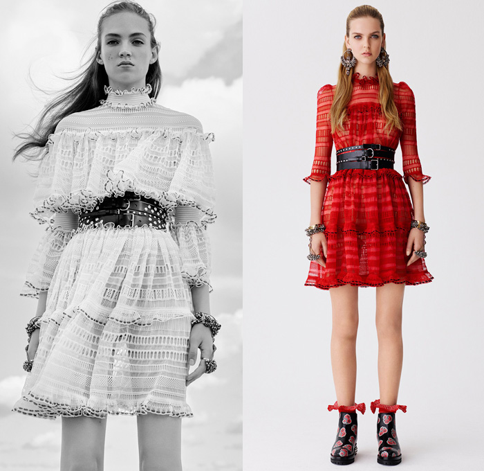 Alexander McQueen 2017 Resort Cruise Pre-Spring Womens Lookbook Presentation - Hand-Painted Hand Loom Engineered Floral Flowers Tablecloth Exploded Patchwork Leather Carnations Yellow Roses Peonies Poppies Broderie Anglaise Sequins Beads Caravan Embroidery Tweed Boots Skirt Frock Miniskirt Belted Waist Bedazzled Metallic Studs Sequins Knitwear Outerwear Jacket Coatdress Cloak Hanging Sleeve Dress Sheer Chiffon Lace Motorcycle Biker Jacket Wide Belt Tiered Handbag