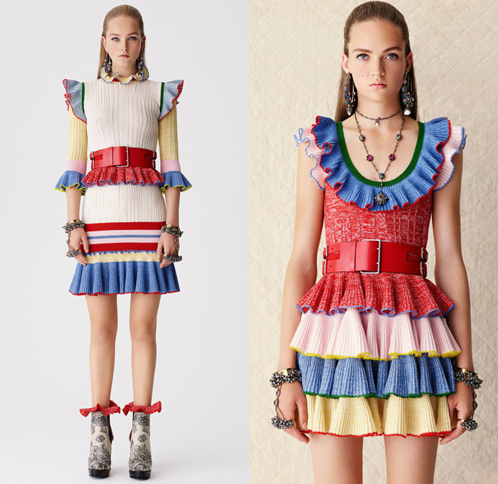 Alexander McQueen 2017 Resort Cruise Pre-Spring Womens Lookbook Presentation - Hand-Painted Hand Loom Engineered Floral Flowers Tablecloth Exploded Patchwork Leather Carnations Yellow Roses Peonies Poppies Broderie Anglaise Sequins Beads Caravan Embroidery Tweed Boots Skirt Frock Miniskirt Belted Waist Bedazzled Metallic Studs Sequins Knitwear Outerwear Jacket Coatdress Cloak Hanging Sleeve Dress Sheer Chiffon Lace Motorcycle Biker Jacket Wide Belt Tiered Handbag