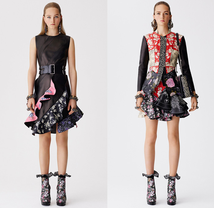 Alexander McQueen 2017 Resort Cruise Pre-Spring Womens Lookbook Presentation - Hand-Painted Hand Loom Engineered Floral Flowers Tablecloth Exploded Patchwork Leather Carnations Yellow Roses Peonies Poppies Broderie Anglaise Sequins Beads Caravan Embroidery Tweed Boots Skirt Frock Miniskirt Belted Waist Bedazzled Metallic Studs Sequins Knitwear Outerwear Jacket Coatdress Cloak Hanging Sleeve Dress Sheer Chiffon Lace Motorcycle Biker Jacket Wide Belt Tiered Handbag