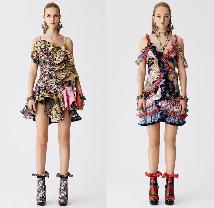 Alexander McQueen 2017 Resort Cruise Pre-Spring Womens Lookbook Presentation - Hand-Painted Hand Loom Engineered Floral Flowers Tablecloth Exploded Patchwork Leather Carnations Yellow Roses Peonies Poppies Broderie Anglaise Sequins Beads Caravan Embroidery Tweed Boots Skirt Frock Miniskirt Belted Waist Bedazzled Metallic Studs Sequins Knitwear Outerwear Jacket Coatdress Cloak Hanging Sleeve Dress Sheer Chiffon Lace Motorcycle Biker Jacket Wide Belt Tiered Handbag