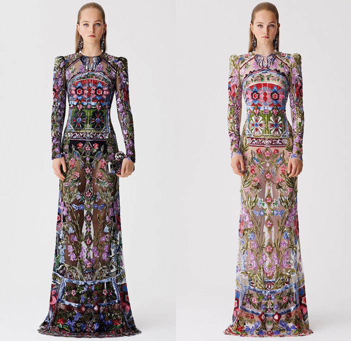 Alexander McQueen 2017 Resort Cruise Pre-Spring Womens Lookbook Presentation - Hand-Painted Hand Loom Engineered Floral Flowers Tablecloth Exploded Patchwork Leather Carnations Yellow Roses Peonies Poppies Broderie Anglaise Sequins Beads Caravan Embroidery Tweed Boots Skirt Frock Miniskirt Belted Waist Bedazzled Metallic Studs Sequins Knitwear Outerwear Jacket Coatdress Cloak Hanging Sleeve Dress Sheer Chiffon Lace Motorcycle Biker Jacket Wide Belt Tiered Handbag